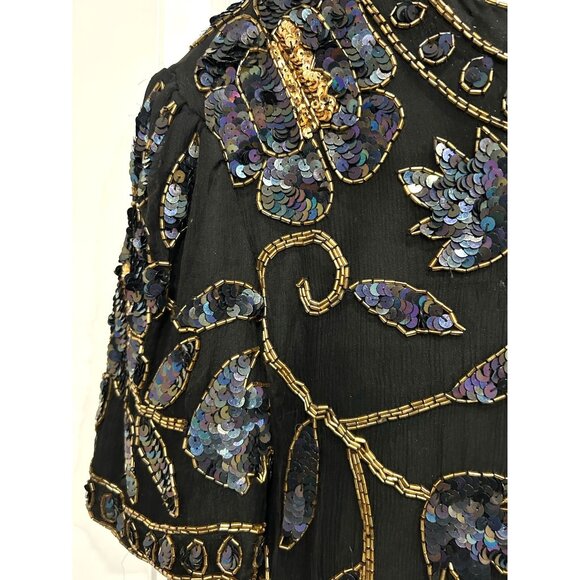 Sequin Beaded Large Papell Boutique Evening Black Floral Top Event Holiday Glam - Picture 4 of 9